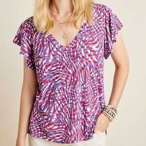 ANTHROPOLOGIE T.La WOMEN'S PURPLE WHITE FLUTTER SLEEVE WAYFARING TEE TOP MEDIUM